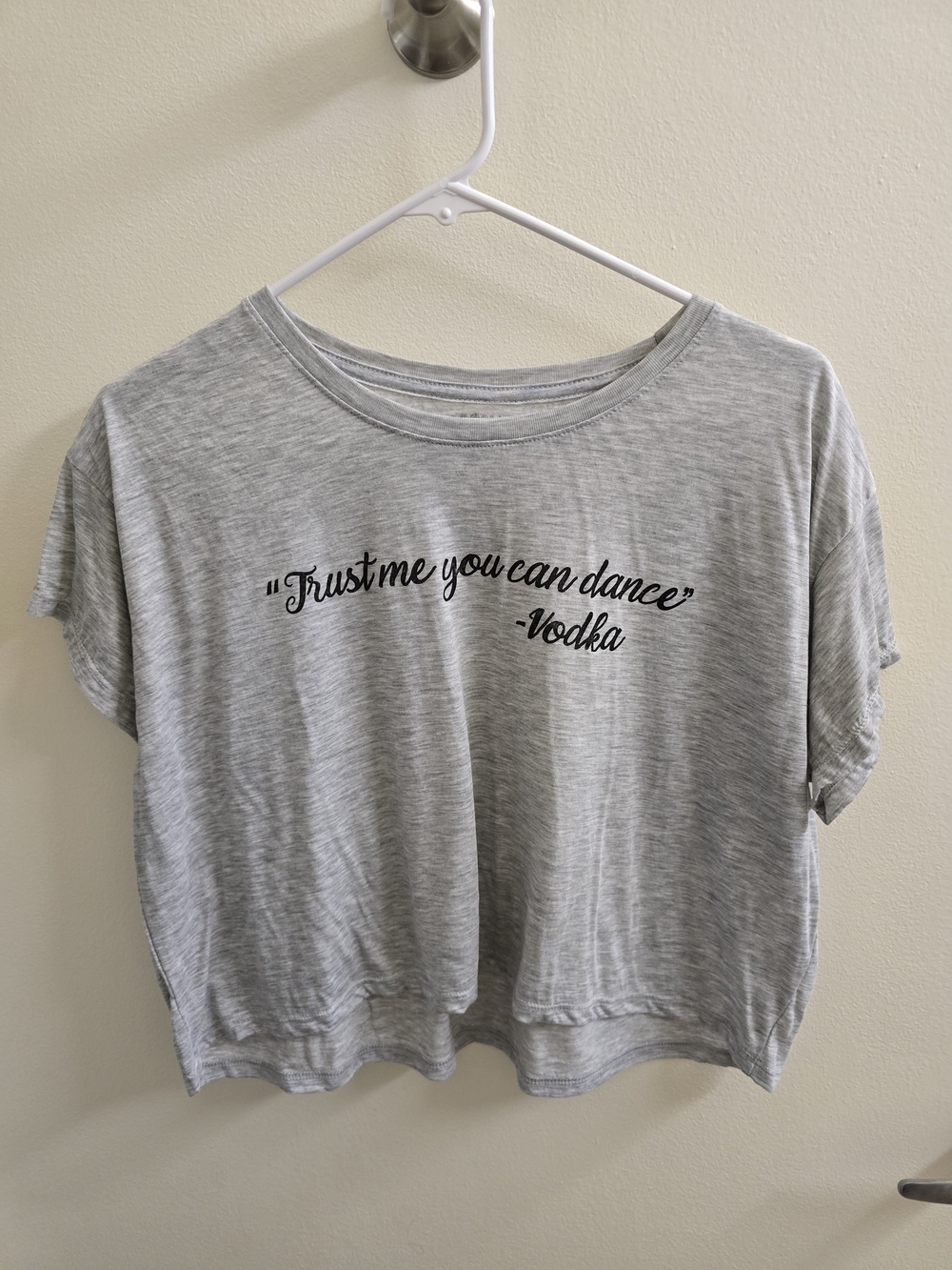 Casual Graphic Crop Tee - Light Gray "Trust me you can dance"